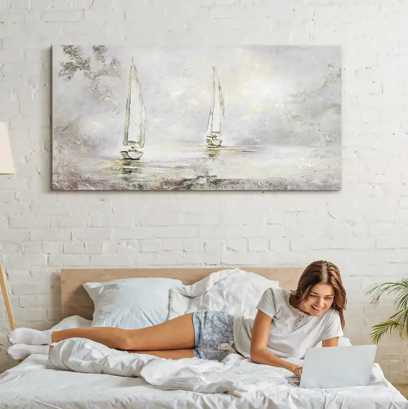 Abstrakt Schilderij op Canvas - Zeilboten in de Mist "Stilte op Zee"