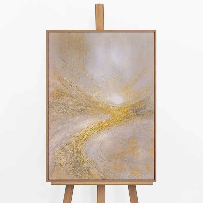 „Leuchtender Strom" – Abstraktes Goldgemälde handgemalt mit Rahmen, 50x70 cm