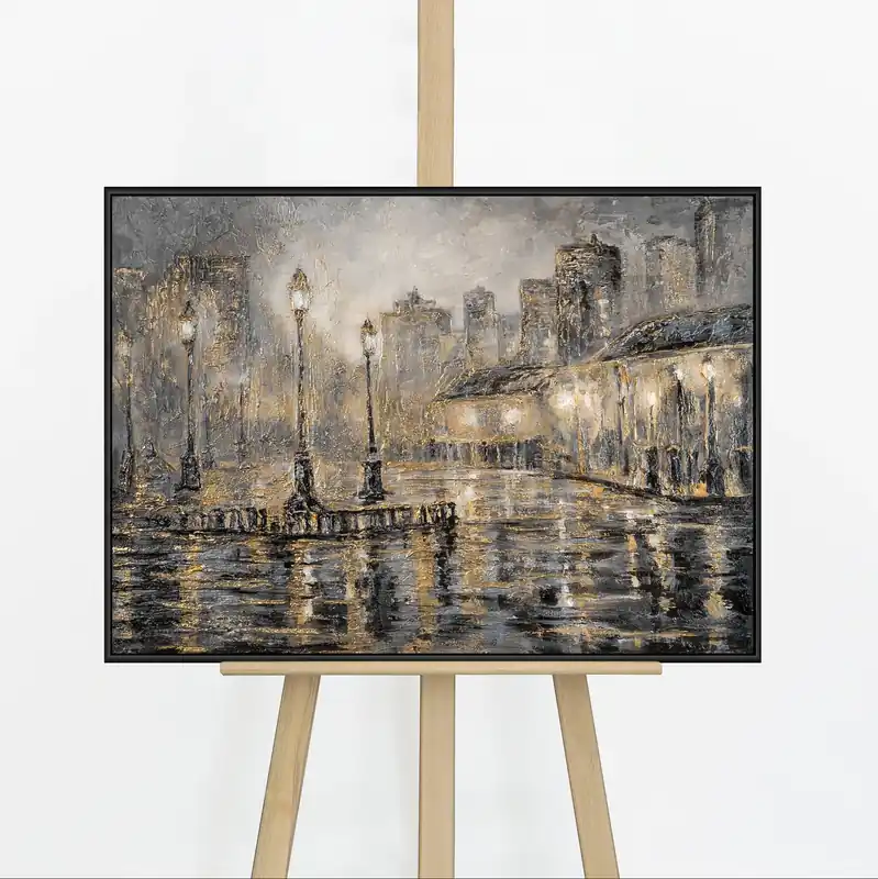 „Regenlaternen" – Atmosphärisches Nacht-Stadtbild handgemalt mit Rahmen, 50x70 cm
