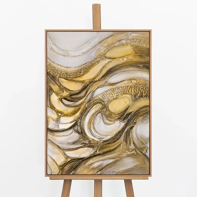 „Texturwirbel" – Abstraktes Goldgemälde handgemalt mit Holzrahmen, 50x70 cm