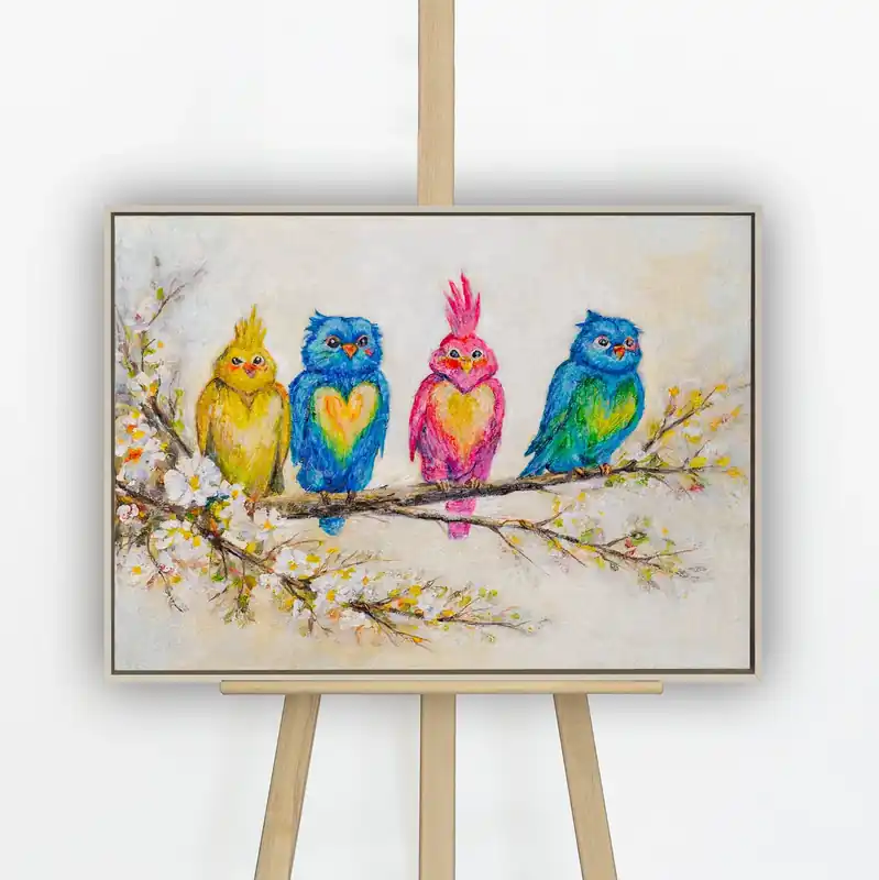 „Vogelgesellschaft" – Buntes Vogelbild handgemalt mit Rahmen, 50x70 cm