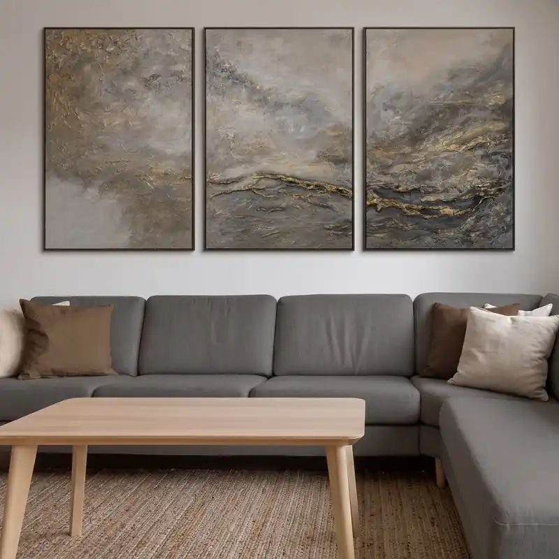 „Universum I“ – Handgemaltes Triptychon Abstrakt mit grauem Rahmen