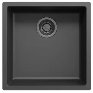Zwarte spoelbak 40x40cm onderbouw opbouw met gun metal plug 1208968035