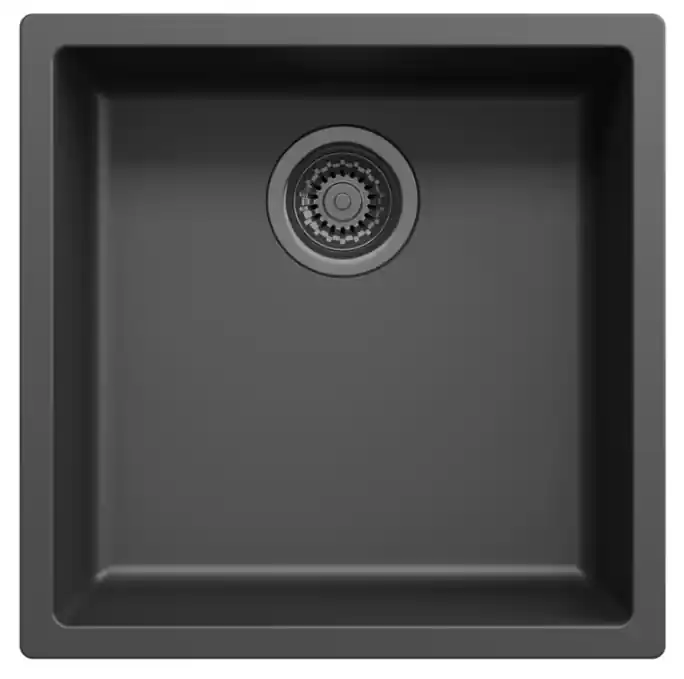 Zwarte spoelbak 40x40cm onderbouw opbouw met gun metal plug 1208968035