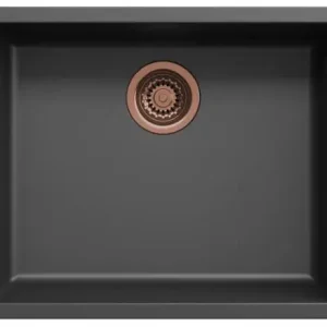 Zwarte spoelbak 50x40cm onderbouw en opbouw met koperen plug 1208968036