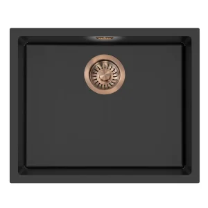 Pure.Sink Eternal Quartz Zwarte Spoelbak 50x40 cm Onderbouw en Opbouw met Automatische Koperen plug