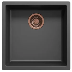 Zwarte spoelbak 40x40cm onderbouw en opbouw met automatische koperen plug 1208971852