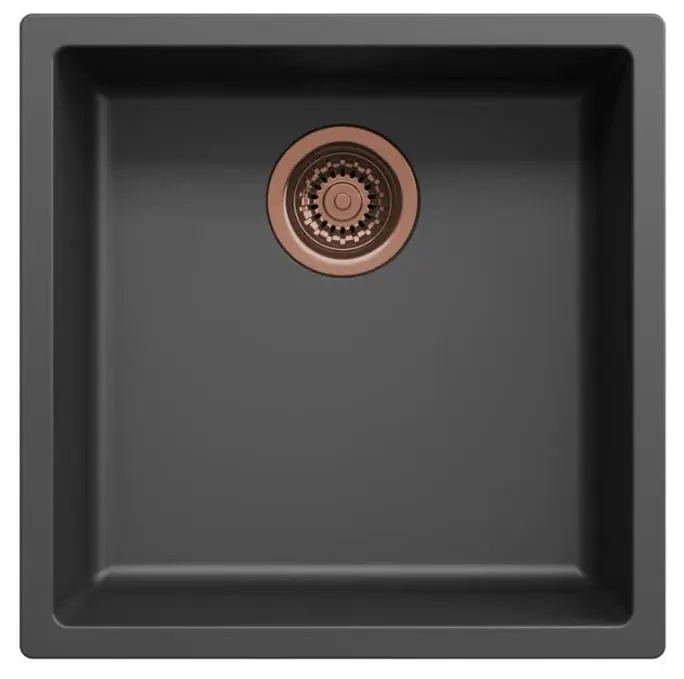 Zwarte spoelbak 40x40cm onderbouw en opbouw met automatische koperen plug 1208971852